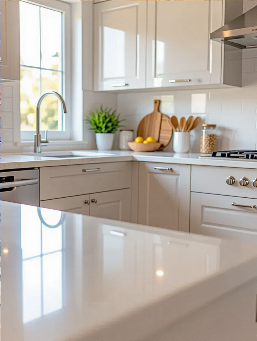 Modern kitchen with pristine cabinet surfaces highlighted under natural light