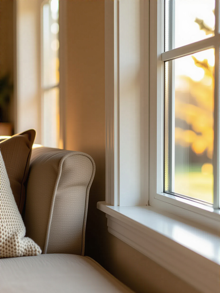 Close-up of sealed drafty window and door edges with weatherstripping and caulk in a cozy living room setting