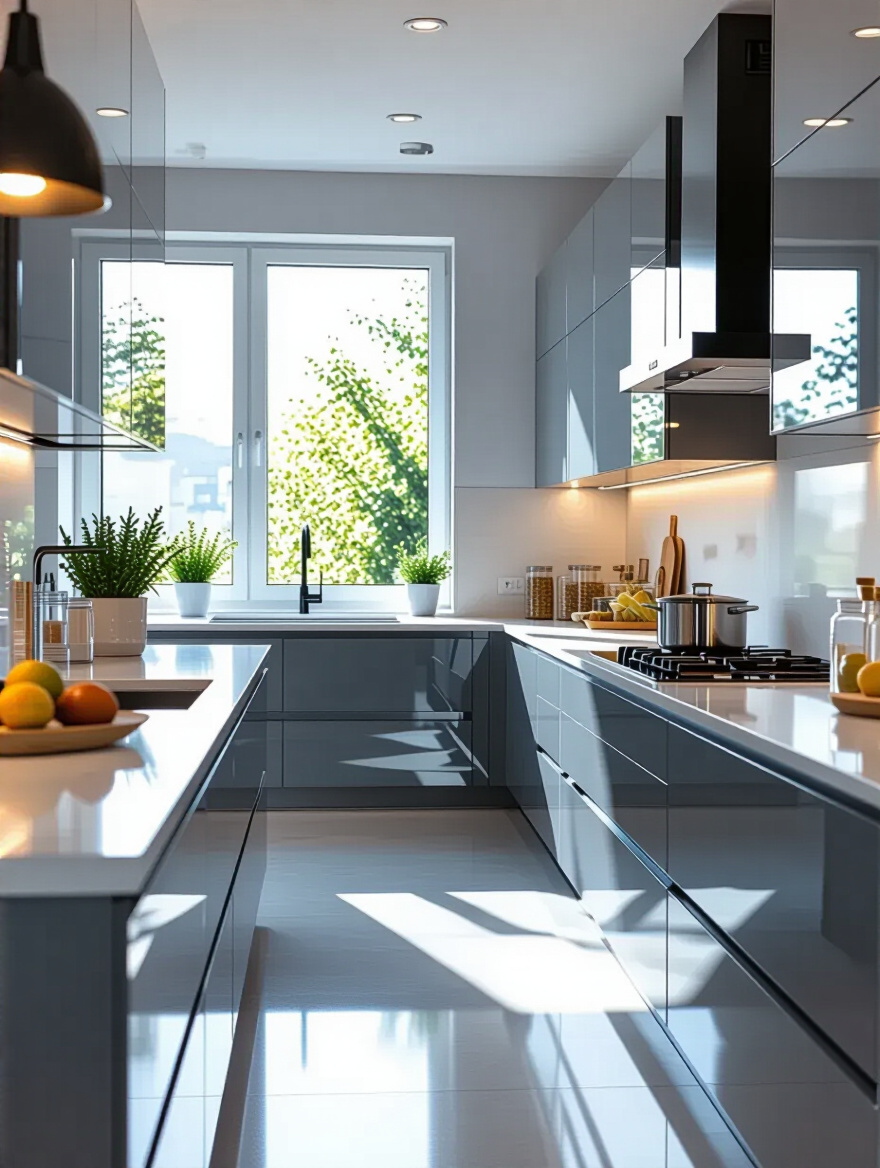 Modern kitchen with high-gloss acrylic cabinets and clean surfaces.