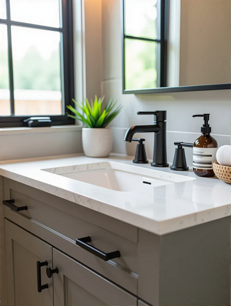 Small bathroom vanity with durable, moisture-resistant engineered quartz countertop and integrated sink in bright natural lighting