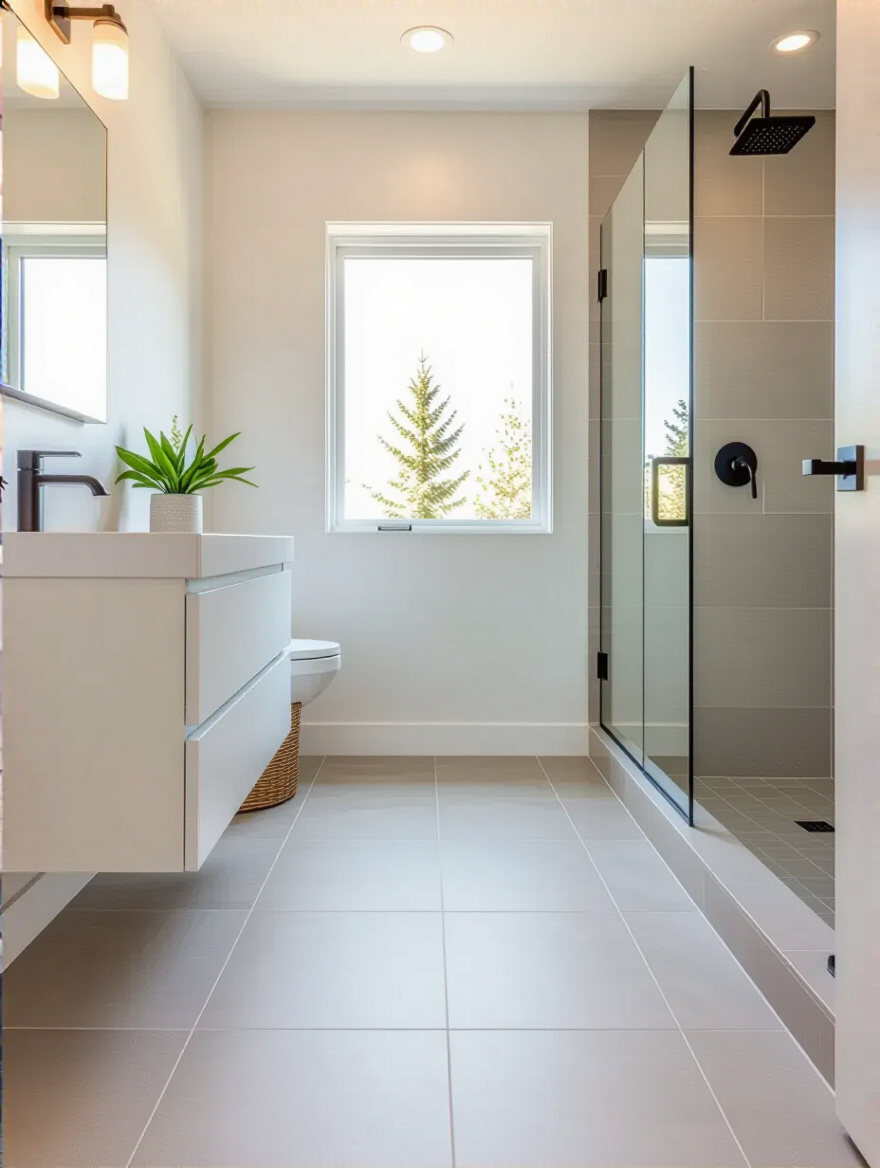 Small modern bathroom with large-format floor tiles minimizing grout lines and creating a seamless flooring surface