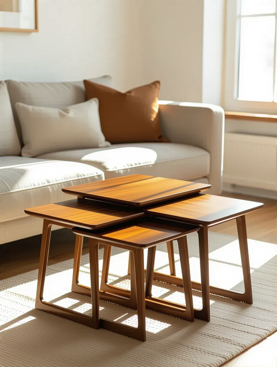 Nested wooden tables in a small living room providing flexible surface options with natural light