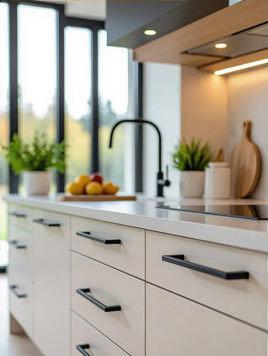 Modern kitchen with sleek minimalist hardware on cabinets