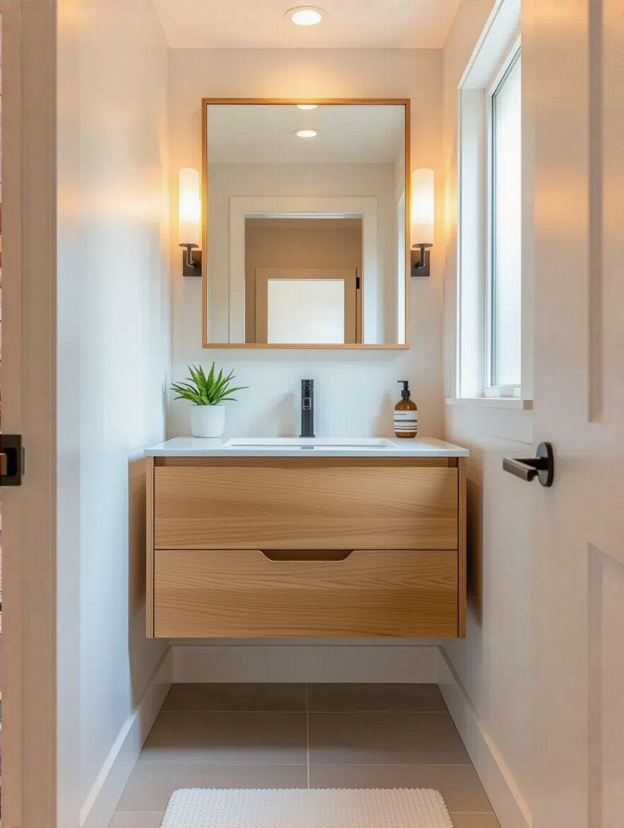 Slim-profile small bathroom vanity wall-mounted in narrow passage with ample floor space