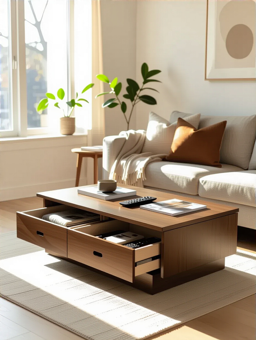 Modern small living room with a storage-optimized coffee table featuring lift-top and drawers, neatly organizing essentials