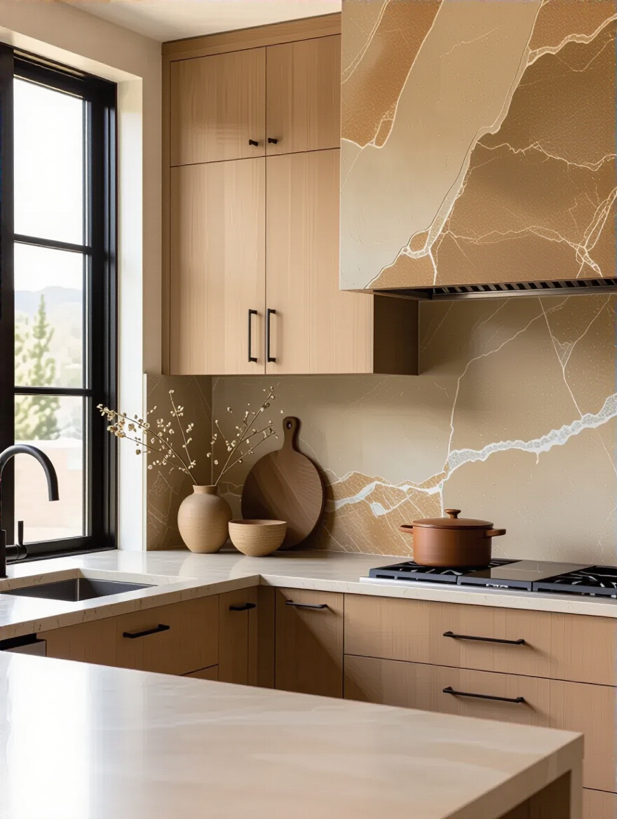 Contemporary kitchen with textured natural stone backsplash featuring honed marble and leathered granite textures, organic warmth, and depth