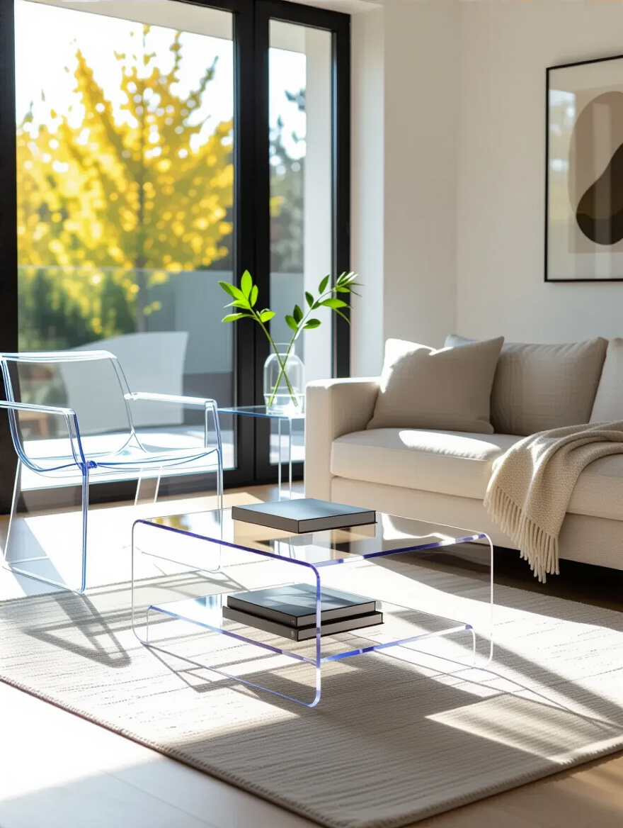 Small living room with transparent furniture for unobstructed views