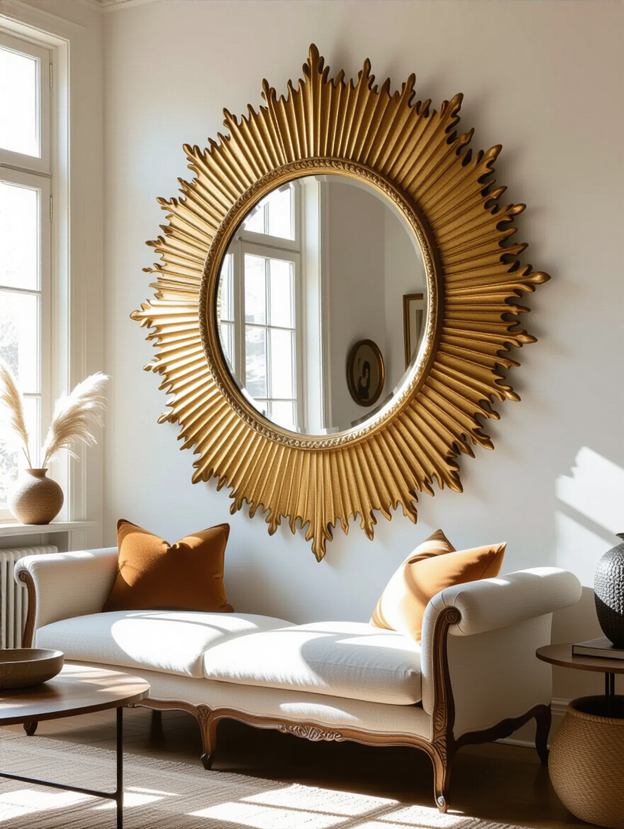 Eclectic living room featuring a large ornate gold sunburst decorative mirror amplifying natural light