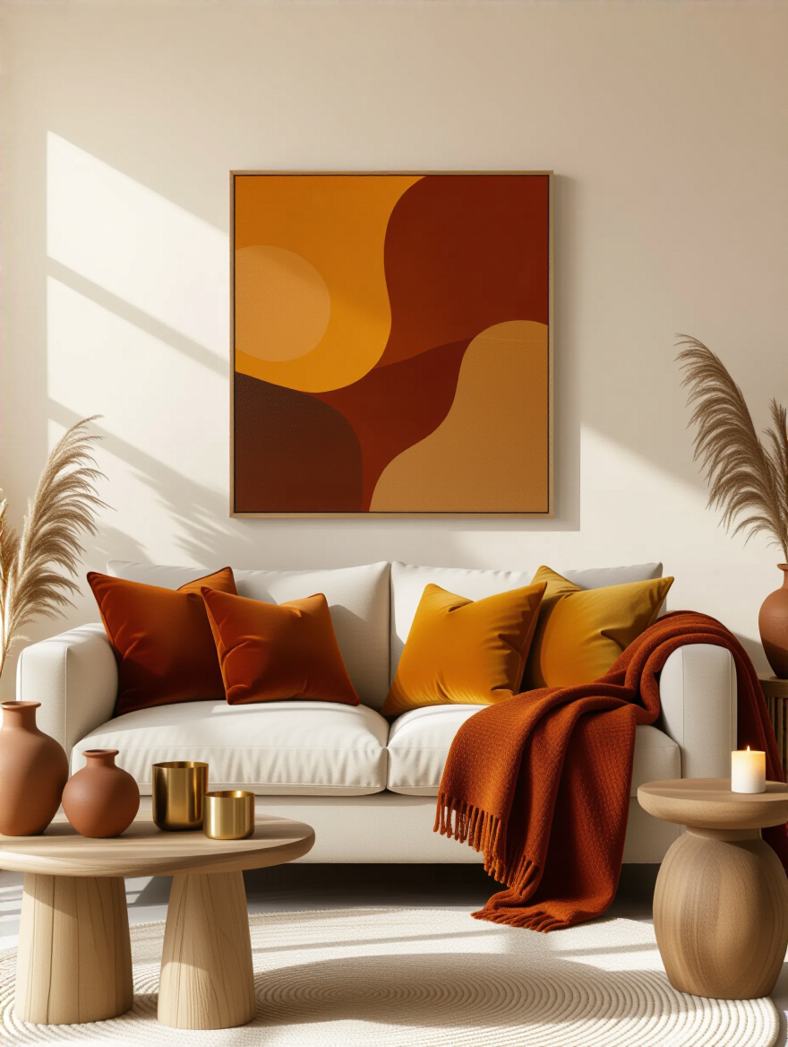 Cozy living room corner with warm-toned abstract art and decor featuring amber and terracotta hues