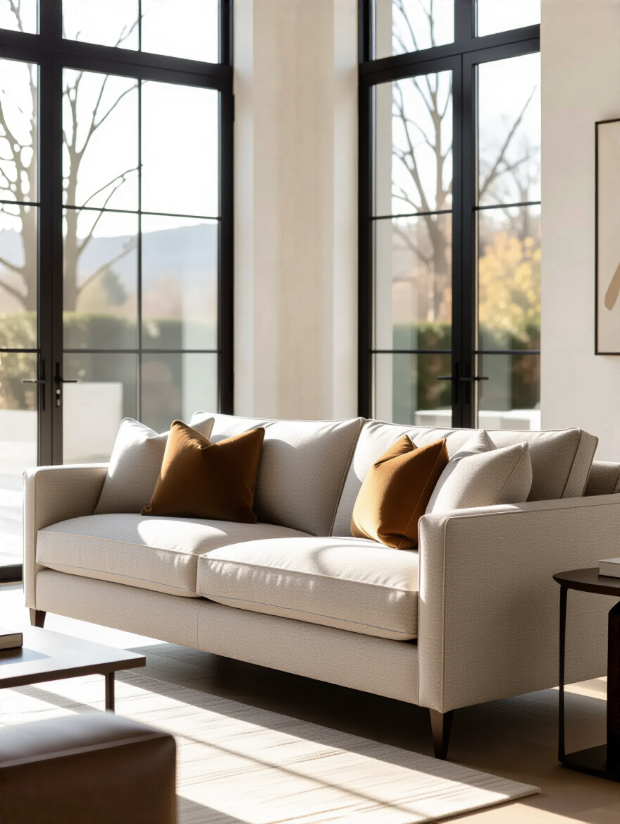 Modern living room with a perfectly selected sofa as the anchor piece, showing stylish furniture arrangement and natural lighting