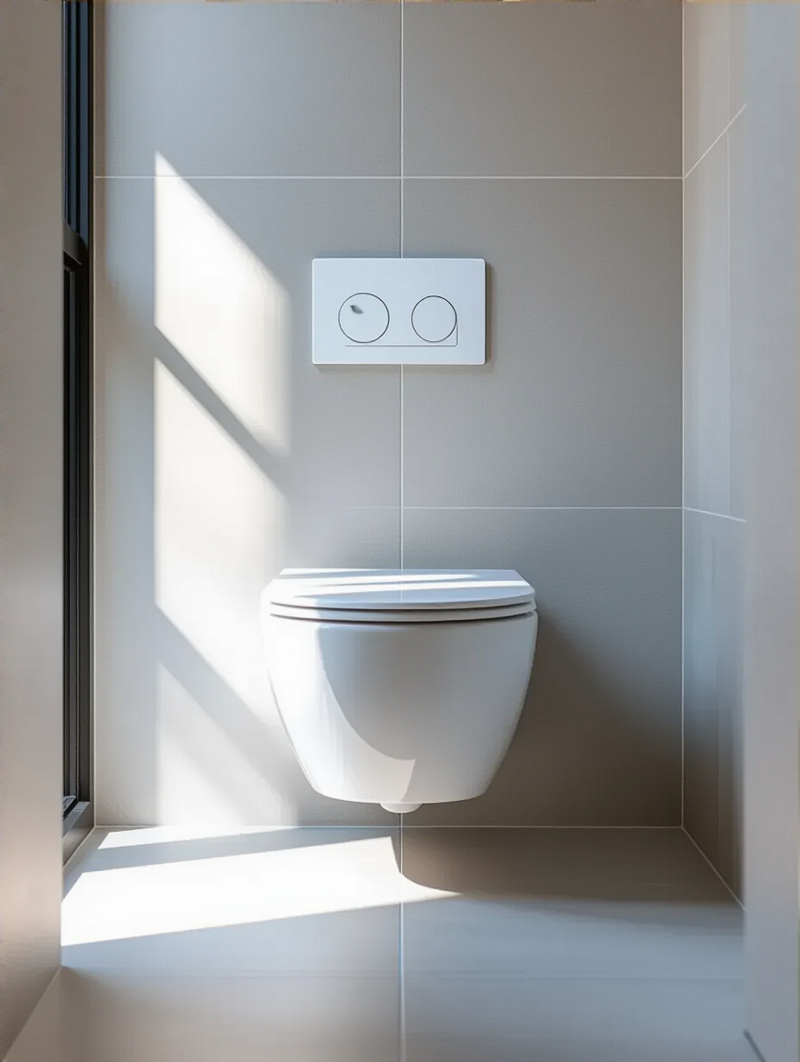 Modern small bathroom featuring a sleek white wall-mounted toilet with a clean uninterrupted floor space beneath