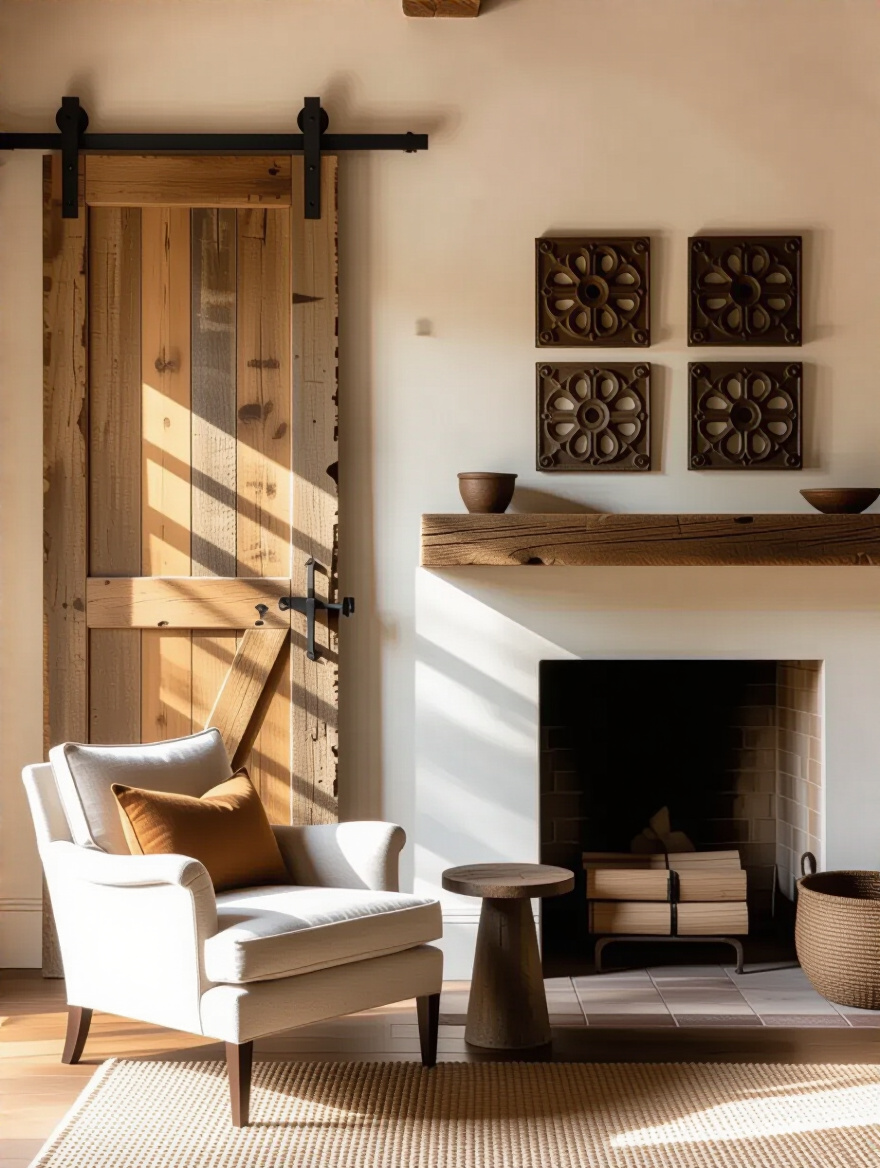 Eclectic living room corner featuring vintage architectural salvage pieces including a sliding barn door and cast iron grates as decor