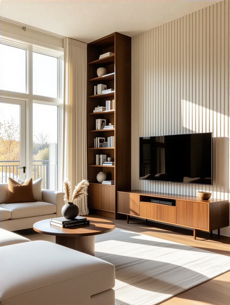 Living room with tall bookshelves and vertical furnishings maximizing vertical space