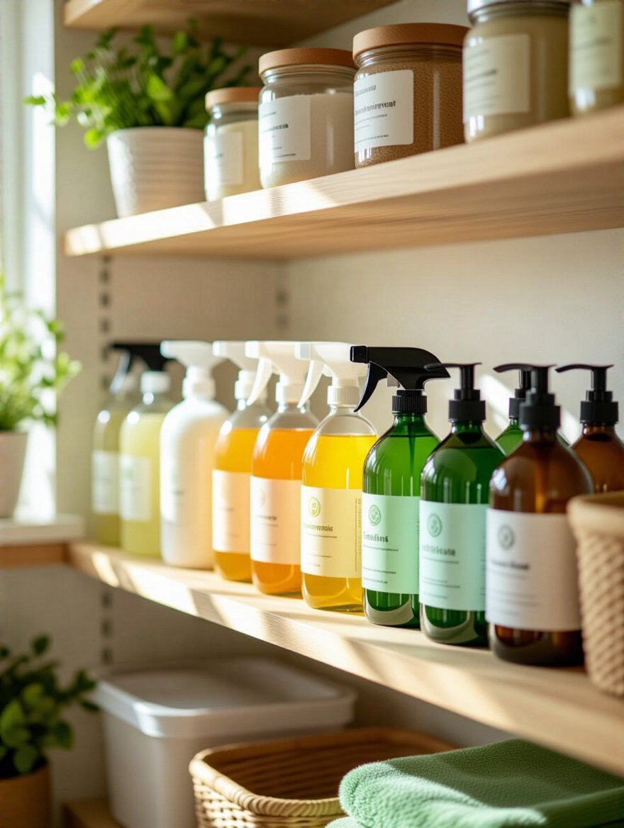 Organized kitchen pantry with non-toxic biodegradable cleaning products