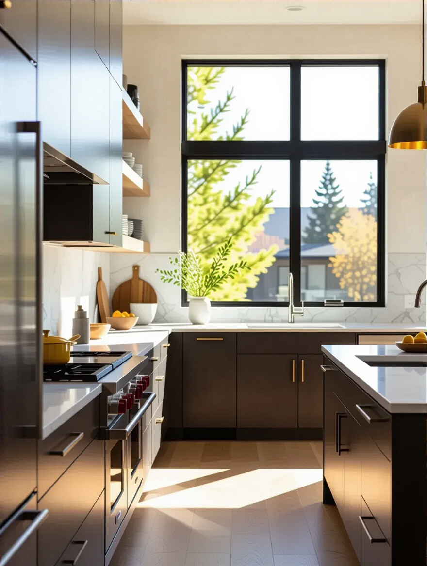 Contemporary kitchen interior showing a cohesive backsplash design with cabinetry, countertops, and flooring under natural light