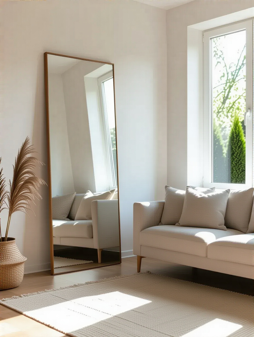 Small living room with a large rectangular mirror opposite a window reflecting natural light and greenery to visually double room size