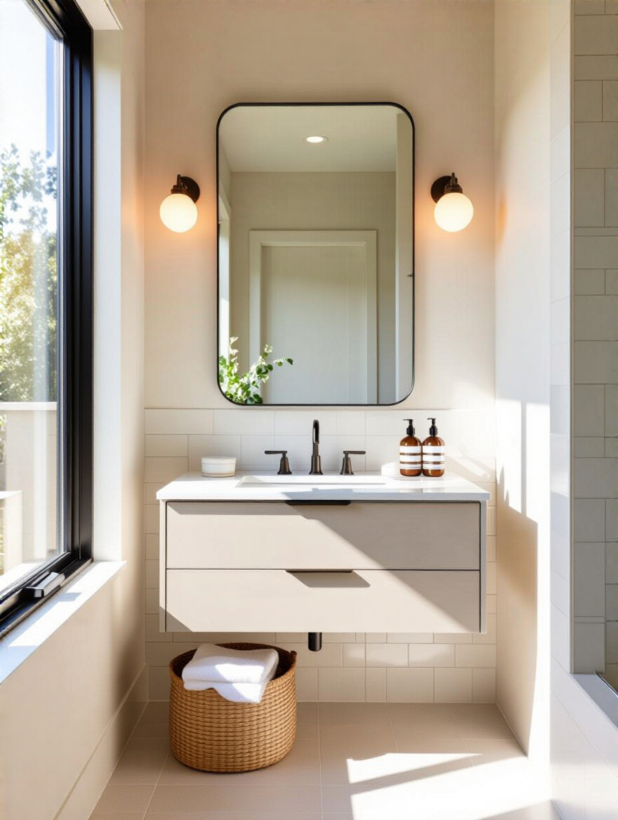 Small bathroom vanity with large wall-to-wall mirror expanding perceived depth and bright natural lighting