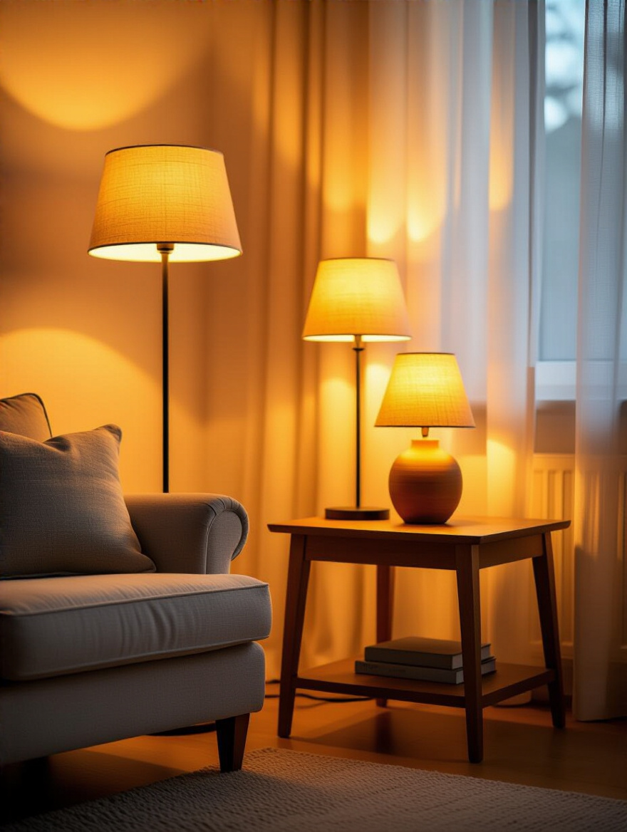 Cozy living room corner with warm-toned floor and table lamps creating inviting glow