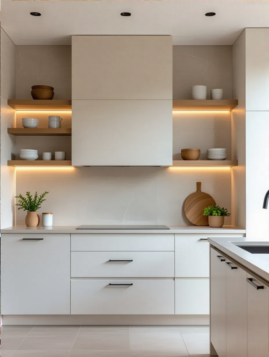 Contemporary kitchen with extended backsplash reaching ceiling, large format porcelain tiles, modern cabinetry, and integrated lighting