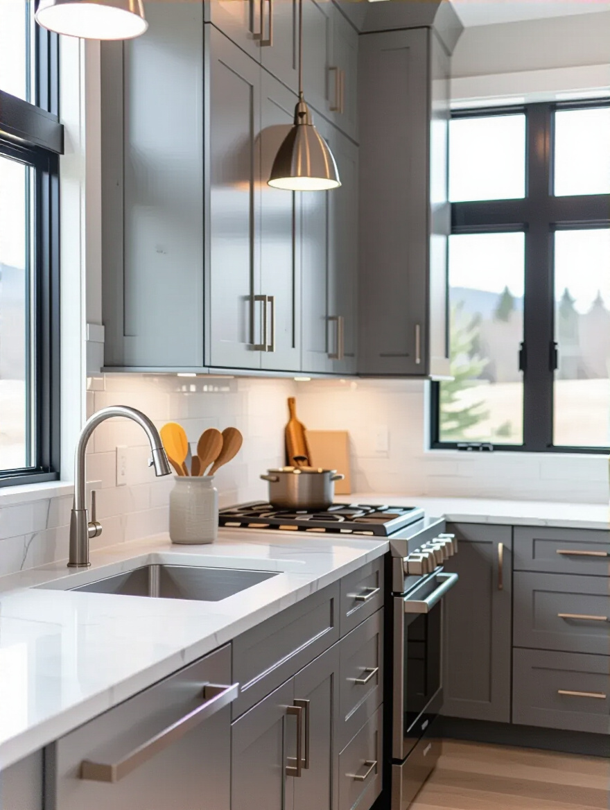 Contemporary kitchen backsplash harmoniously integrated with grey shaker cabinets and quartz countertops under natural and ambient lighting