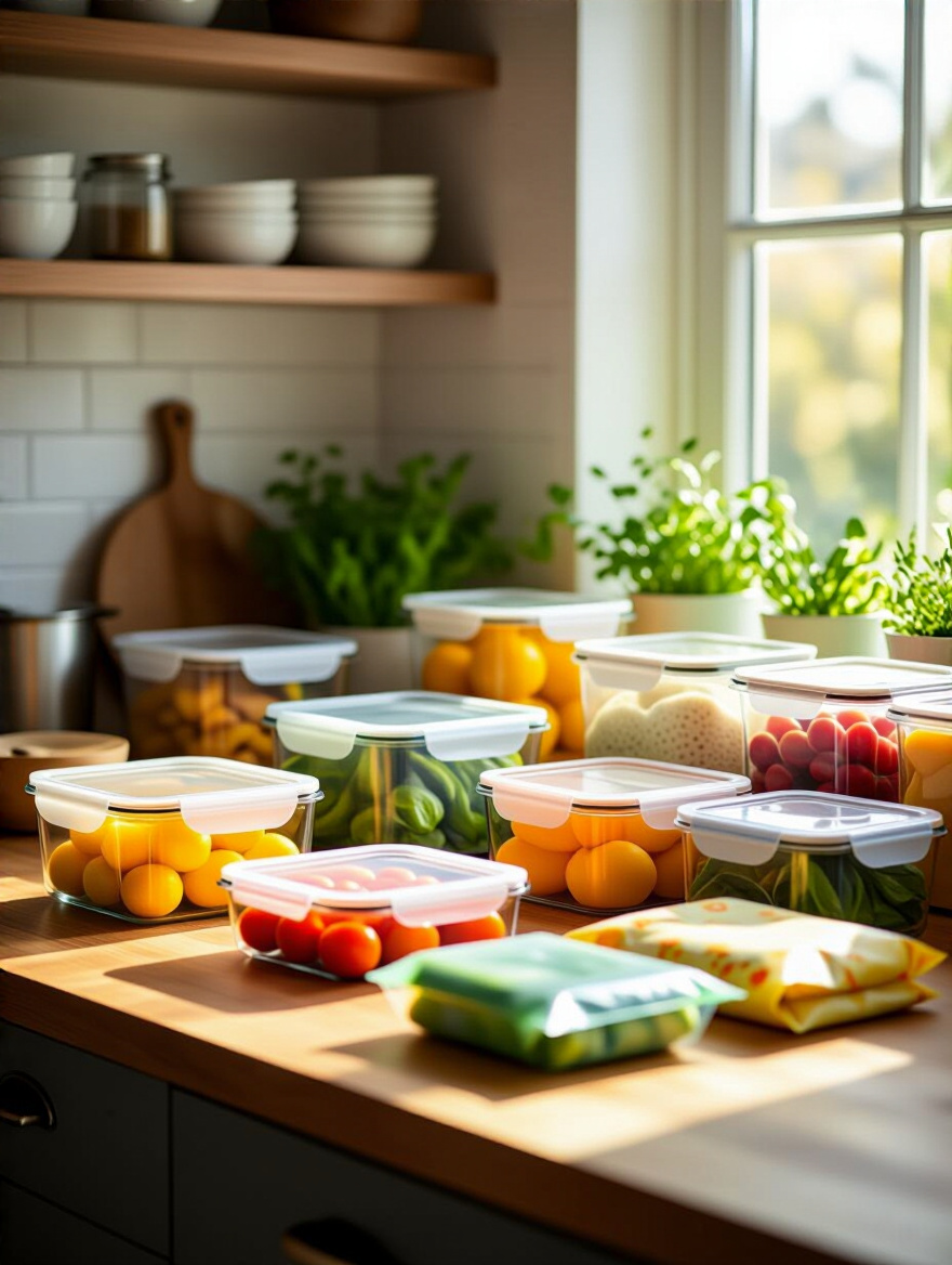 A beautifully organized kitchen countertop featuring reusable food storage solutions, emphasizing eco-friendly materials.