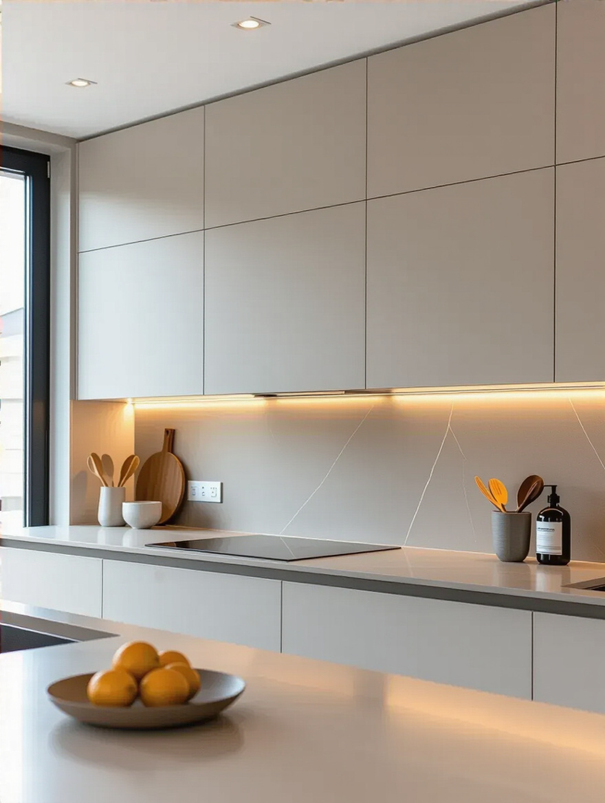 Contemporary kitchen portrait showing a minimalist backsplash with large-format slab material, clean lines, and muted tones under natural and LED lighting