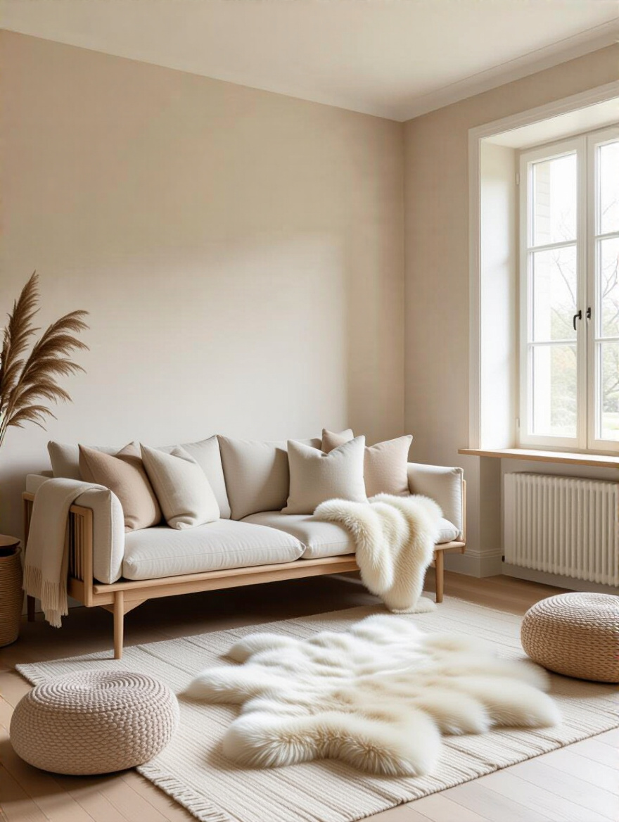 Small living room with unified light neutral color palette featuring off-white walls, beige furniture, and textured textiles creating a cohesive and spacious look
