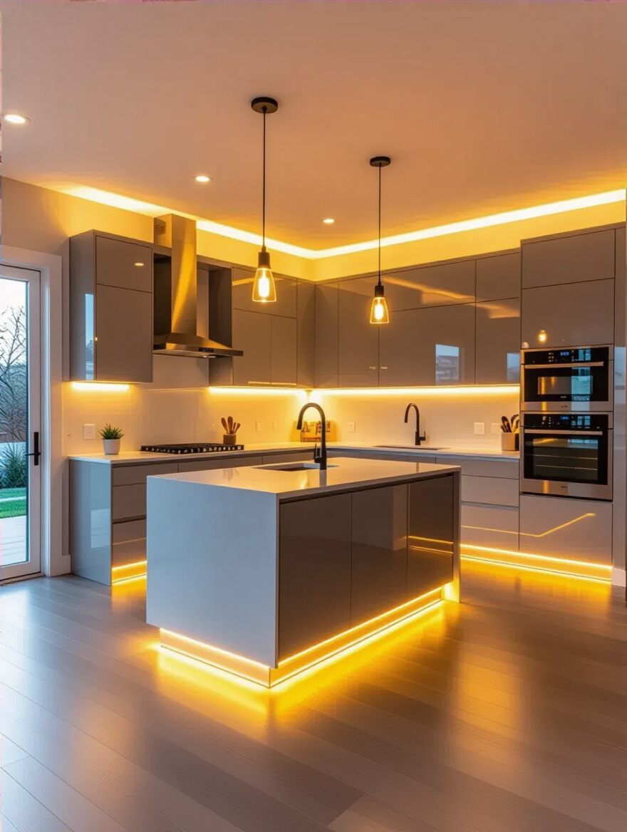 Modern kitchen with energy-efficient LED lighting showcasing bright and inviting atmosphere.