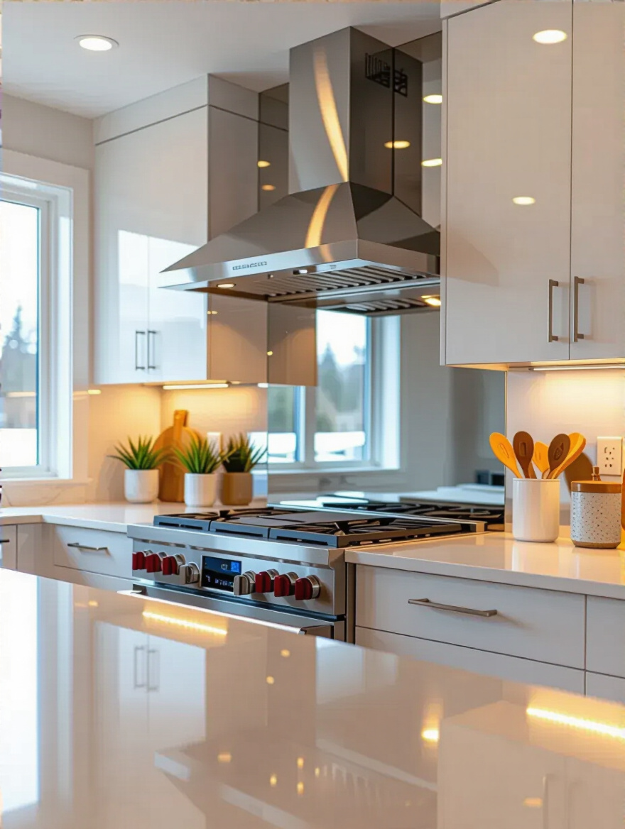 Contemporary kitchen with a full-height mirrored backsplash creating a visually expanded and bright space