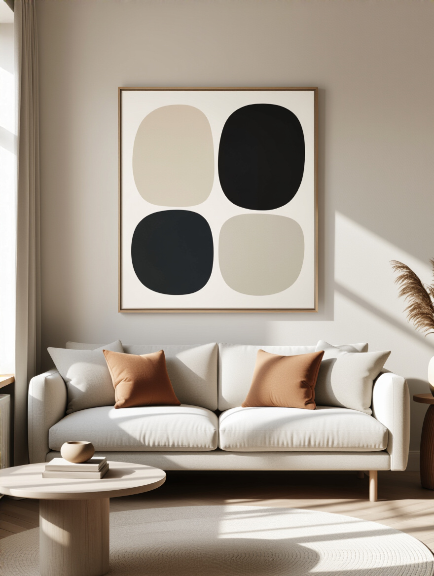 Small living room with one large minimalist abstract painting above a sofa creating a focal point and visual expansion