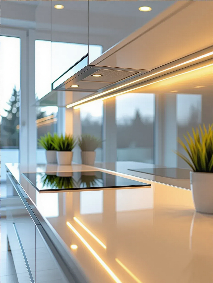 Contemporary kitchen with sleek glass backsplash reflecting light and creating an open, bright atmosphere