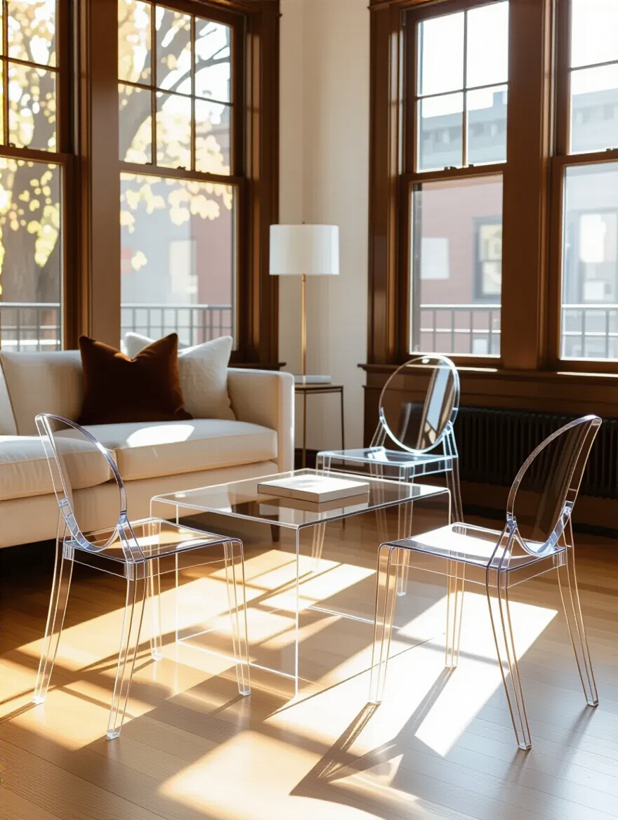 Small living room with transparent acrylic coffee table and lucite chairs near window, bright and airy interior design