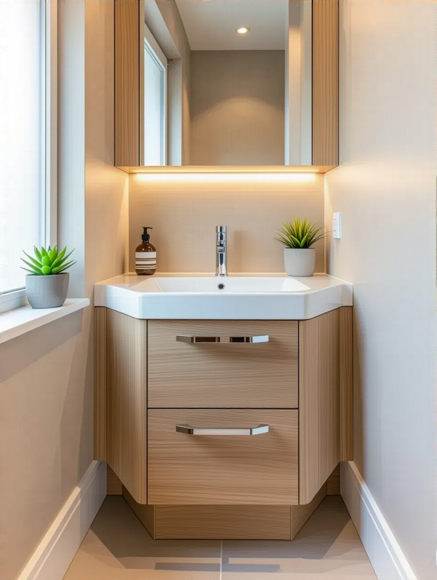 Modern small bathroom featuring a light wood corner vanity unit with integrated sink and chrome fixtures optimizing an awkward corner space