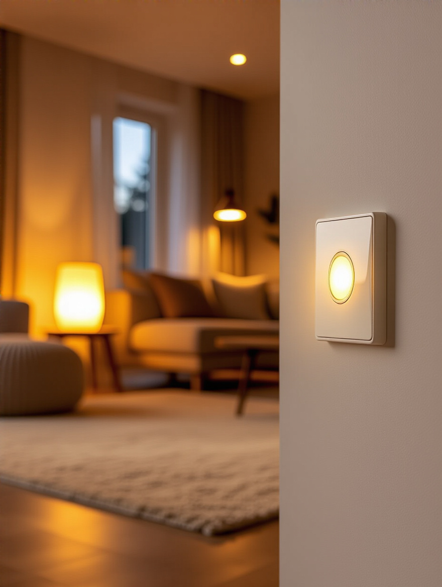 Cozy living room corner with dimmer switch and warm ambient lighting