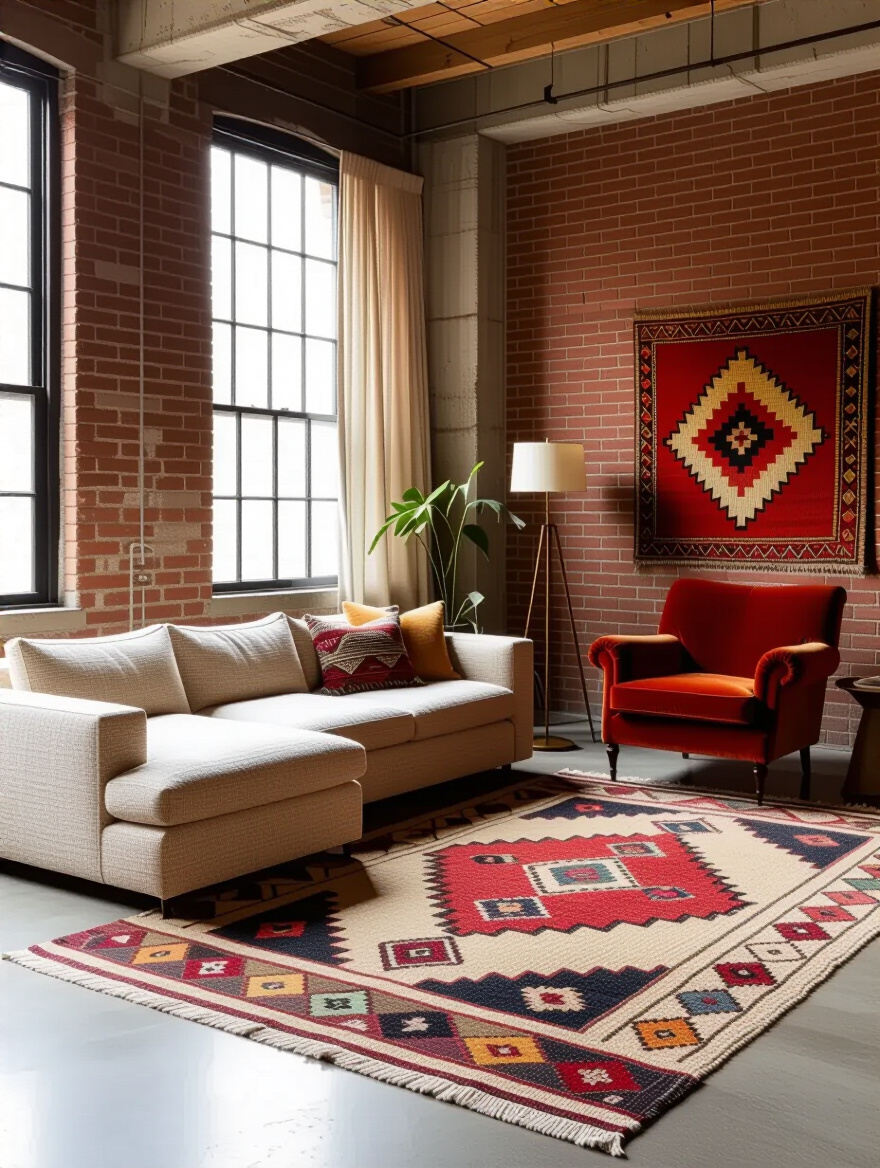 Eclectic living room with distinct area rugs defining separate zones and vibrant patterns