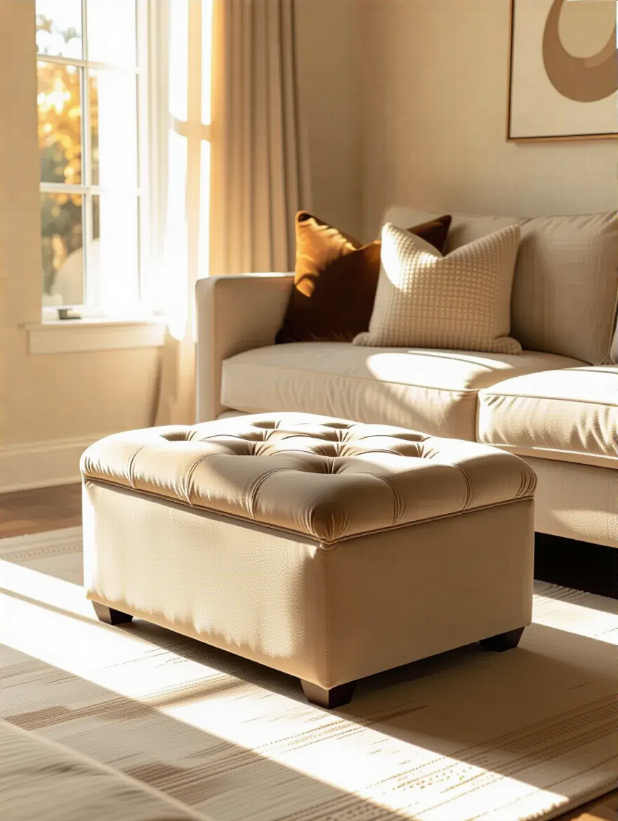 Cozy living room with a velvet tufted storage ottoman in front of a sofa, showcasing hidden storage functionality in warm natural lighting