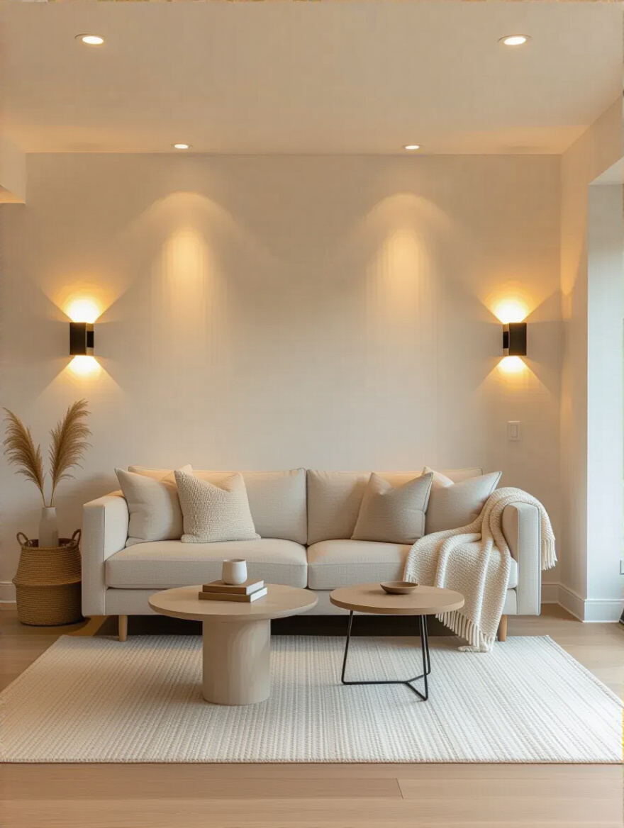A small living room with recessed lighting and minimalist decor, showcasing how to maximize floor space.