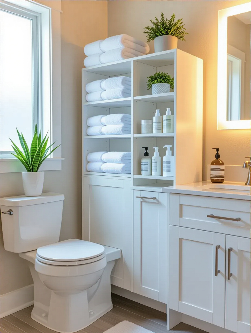 Vertical over-the-toilet storage unit in a small modern bathroom with neatly organized shelves and cabinets above a white toilet