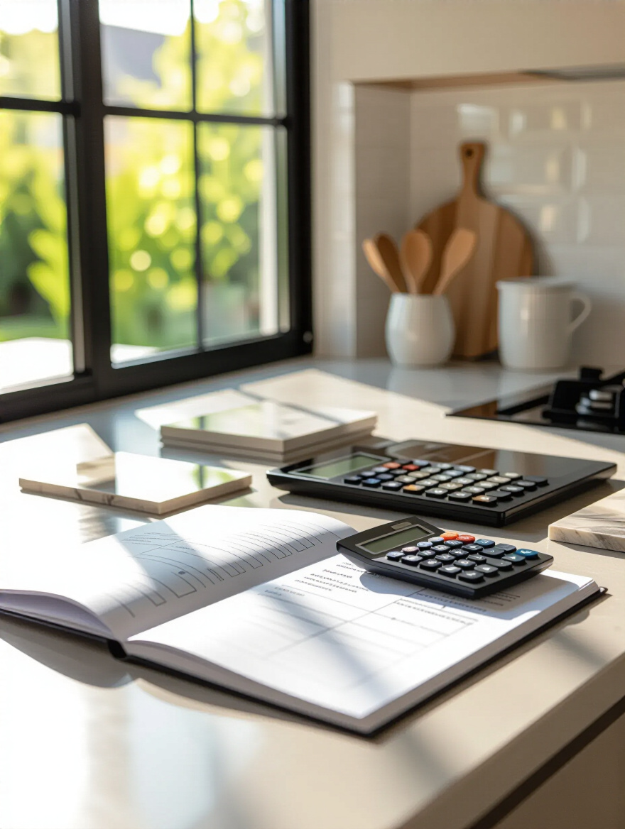 Modern kitchen budgeting workspace with backsplash material samples, calculator, and notebook under soft natural light