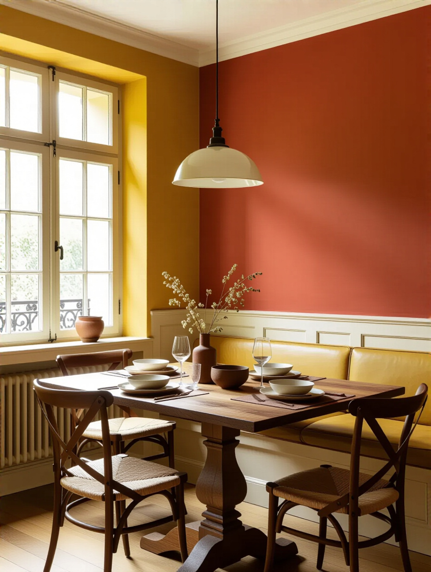 Cozy dining room with warm terracotta and mustard yellow walls, wooden dining table, and soft warm lighting