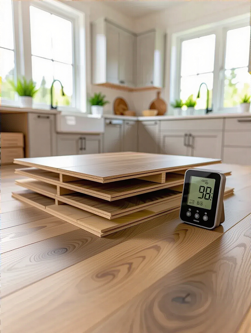 Vertical portrait of a kitchen workspace with unboxed flooring planks and a hygrometer for acclimation.
