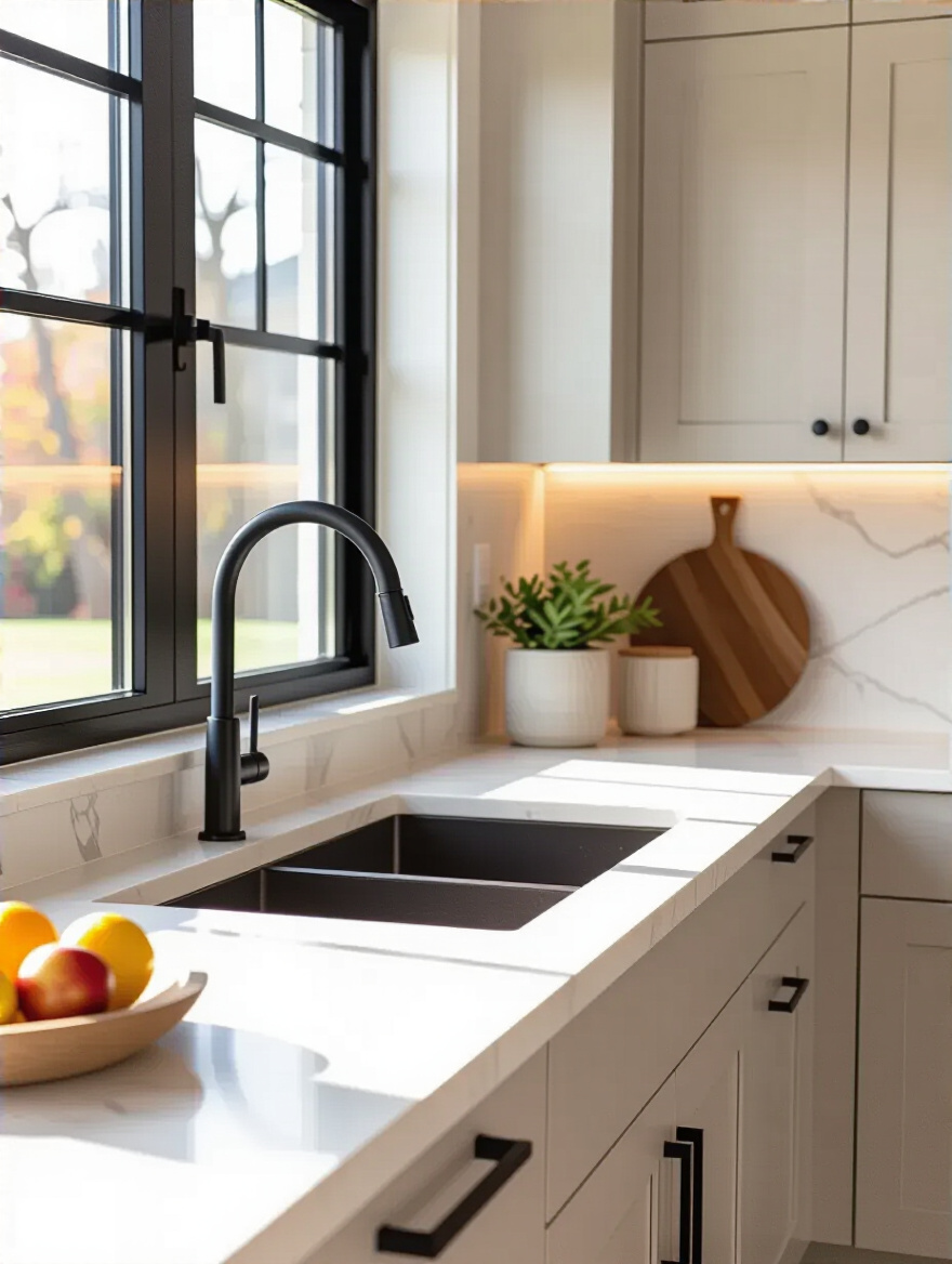 Vertical modern kitchen showing seamless countertop edge meeting backsplash