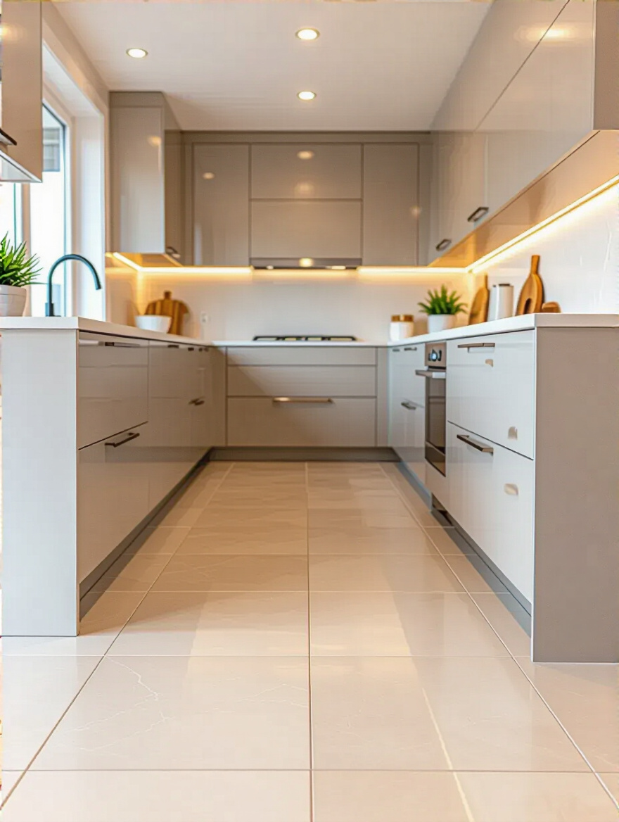 Close-up of uniform grout lines between tile in a modern kitchen floor
