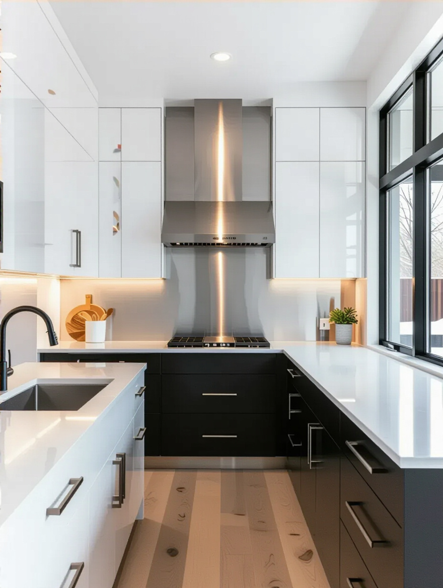 Portrait of a modern kitchen with a bold brushed stainless steel panel backsplash from floor to ceiling.