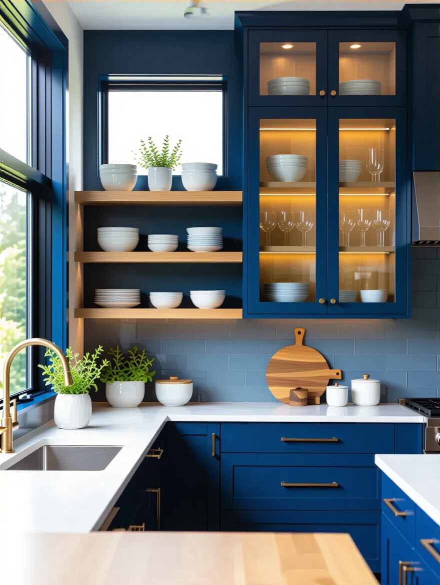 Vertical portrait view of a blue kitchen with open wooden shelves and glass-front cabinets displaying white dishes and glassware.
