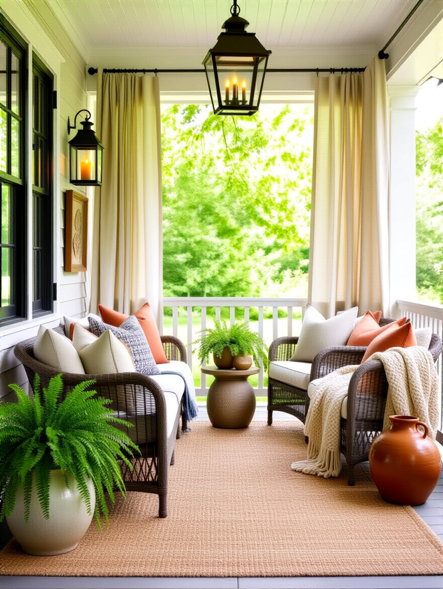 Vertical styled porch with layered outdoor rug, weather-resistant cushions and throws, curtains, lanterns, and potted plants creating a cozy personalized outdoor seating area