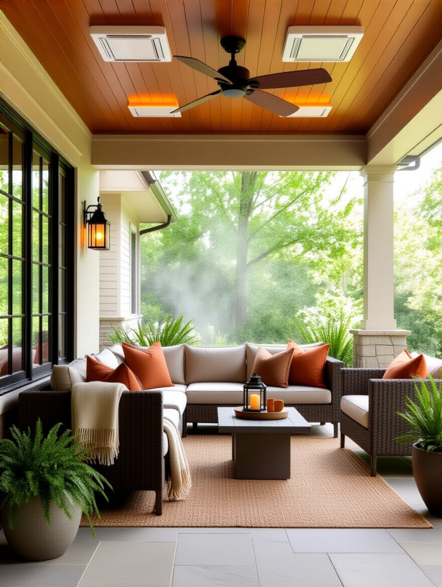 Covered porch with integrated infrared ceiling heaters, ceiling fan and misting line creating seasonal comfort