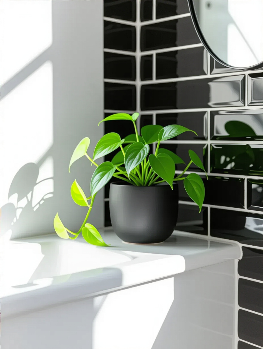 Compact modern bathroom vanity corner with a small trailing Pothos plant in a black ceramic pot adding freshness and greenery