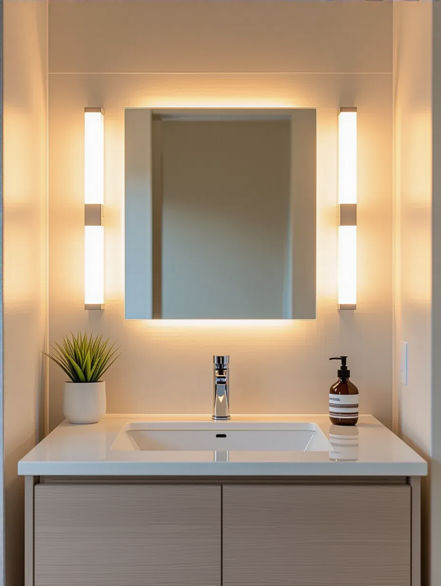Small bathroom vanity with vertical LED task lighting sconces flanking mirror for improved visibility