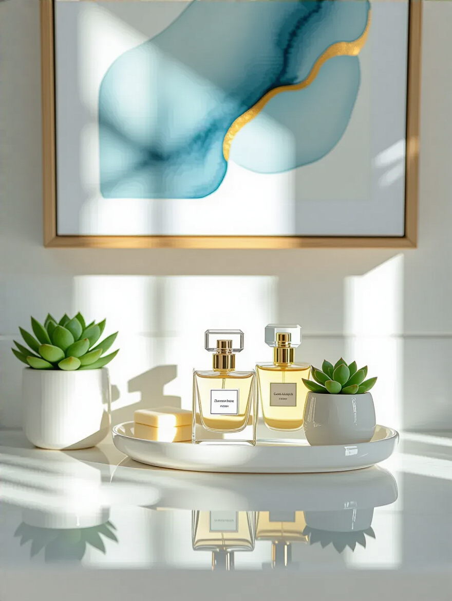 White bathroom vanity countertop with decorative tray, succulent planter, and framed abstract art above